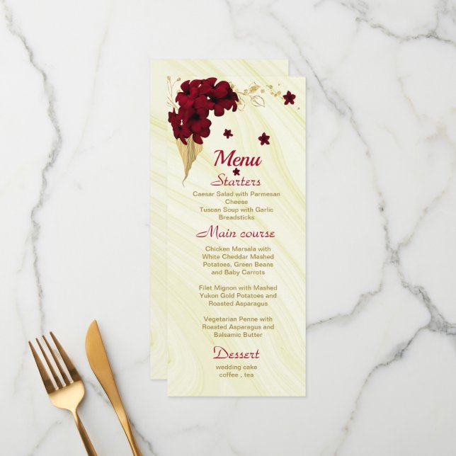 burgundy gold floral marble wedding menu (Front/Back In Situ)