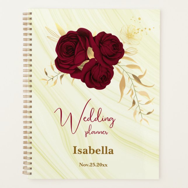 burgundy gold floral marble wedding planner (Front)