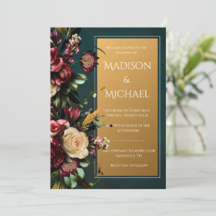 Burgundy & Gold Floral Modern Wedding Invitation
