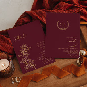 Burgundy Gold Floral Monogram All In One Wedding Invitation