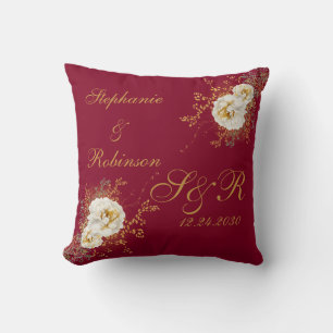 Burgundy Gold Floral Monogram Logo Wedding Cushion