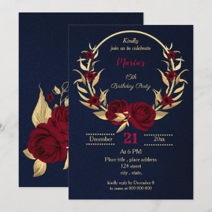 burgundy gold floral navy blue birthday Party Invitation