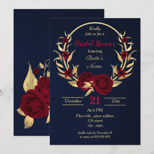 burgundy gold floral navy blue bridal shower invitation