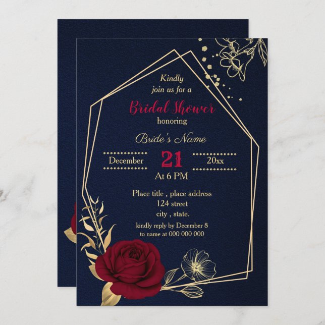 burgundy gold floral navy blue bridal shower  invitation (Front/Back)