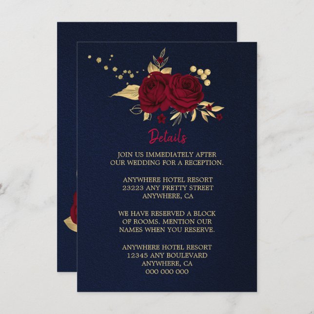 burgundy gold floral navy blue details enclosure card (Front/Back)