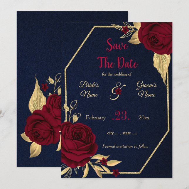 burgundy & gold floral navy blue geometric  save the date (Front/Back)