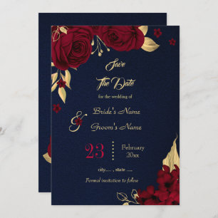 burgundy & gold floral navy blue save the date