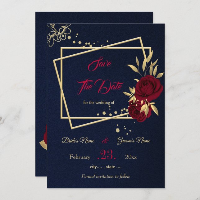 burgundy & gold floral navy blue save the date (Front/Back)