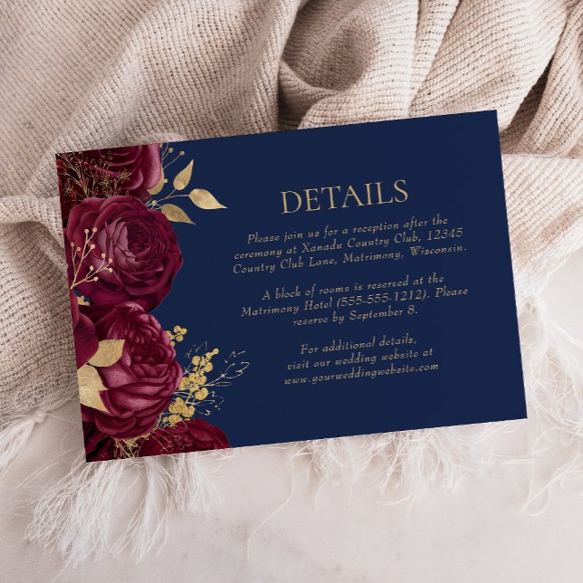 Burgundy Gold Floral Navy Blue Wedding Details RSVP Card (Creator Uploaded)