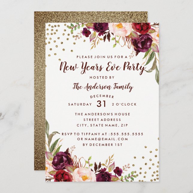Burgundy Gold Floral New Years Eve Party Invite (Front/Back)