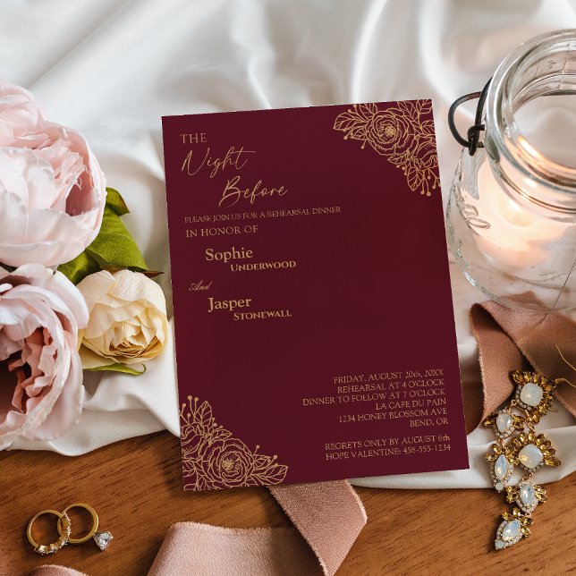 Burgundy Gold Floral Night Before Rehearsal Dinner Invitation (Creator Uploaded)
