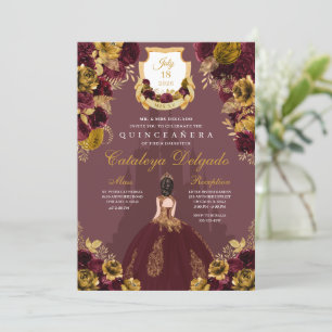 Burgundy & Gold Floral Princess Castle Quinceañera Invitation