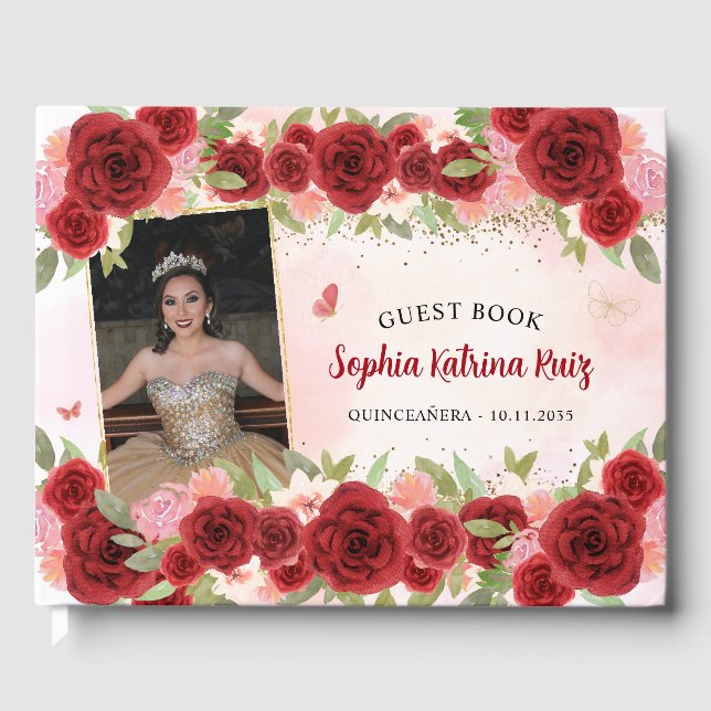 Burgundy Gold Floral Princess Quinceañera Photo Guest Book (Front)