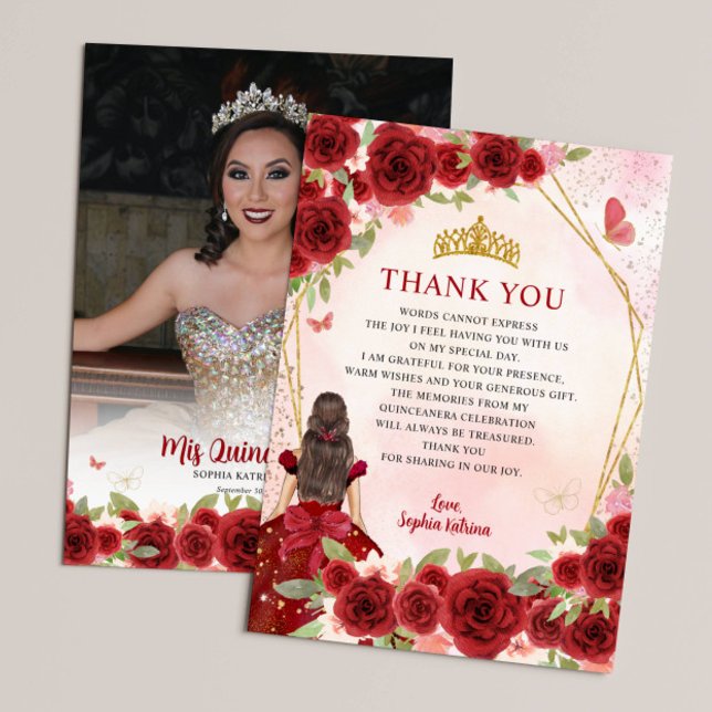 Burgundy Gold Floral Princess Quinceañera Photo Thank You Card (Creator Uploaded)