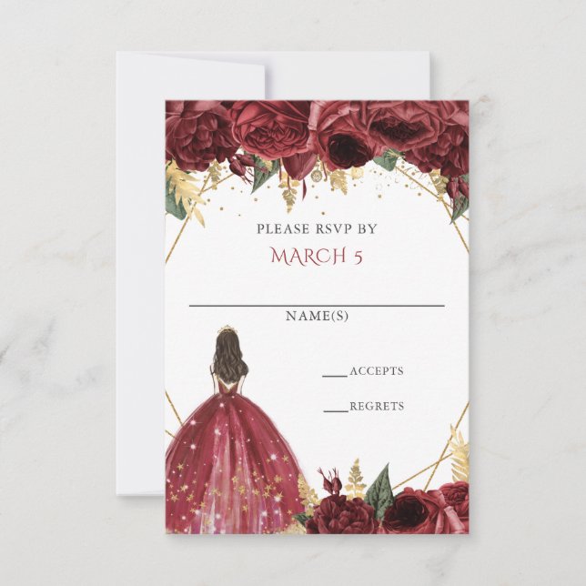 Burgundy Gold Floral Princess Quinceanera RSVP Card (Front)