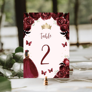 Burgundy Gold Floral Princess Quinceañera Table Number
