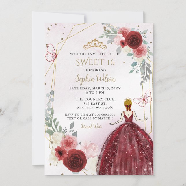 Burgundy Gold Floral Princess Sweet 16 Invitation (Front)