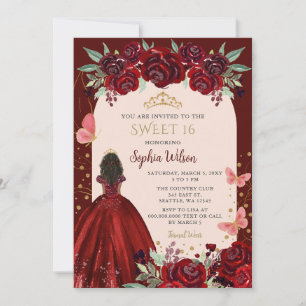 Burgundy Gold Floral Princess Sweet 16 Invitation