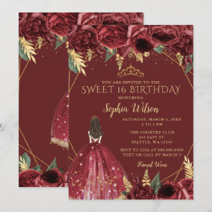 Burgundy Gold Floral Princess Sweet 16 Invitation