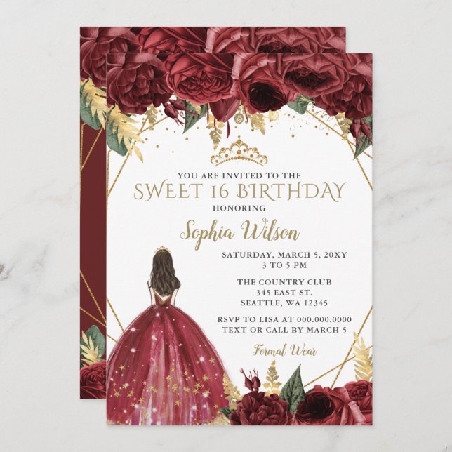 Burgundy Gold Floral Princess Sweet 16 Invitation (Front/Back)