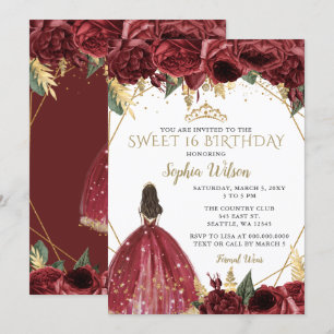 Burgundy Gold Floral Princess Sweet 16 Invitation