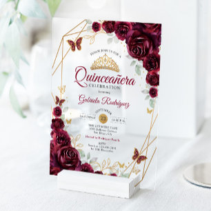 Burgundy Gold Floral Quinceanera Acrylic Invitations