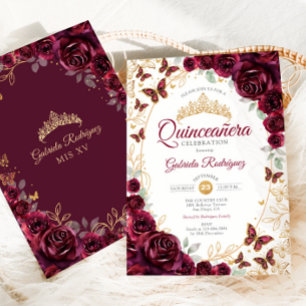 Burgundy Gold Floral Quinceanera Invitation