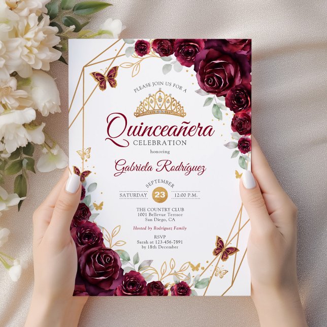 Burgundy Gold Floral Quinceanera Invitation (Creator Uploaded)