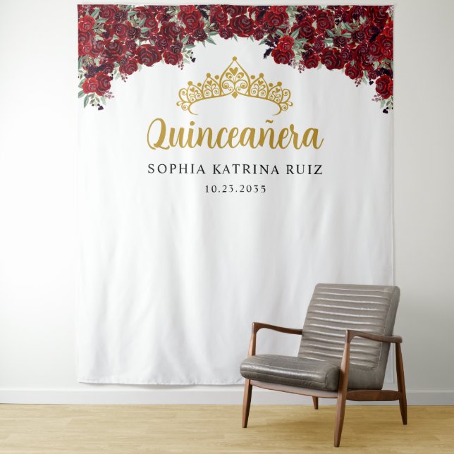 Burgundy Gold Floral Quinceanera Photo Backdrop Tapestry (In Situ)
