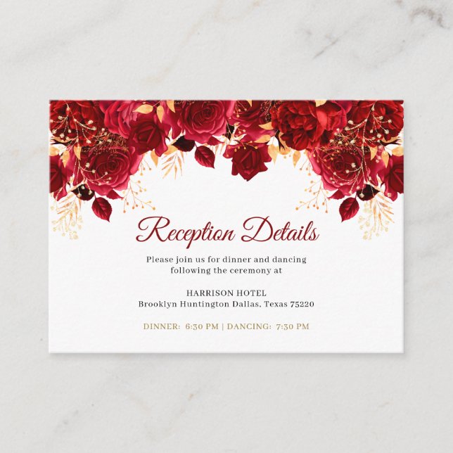 Burgundy Gold Floral Quinceañera Reception Details Enclosure Card (Front)