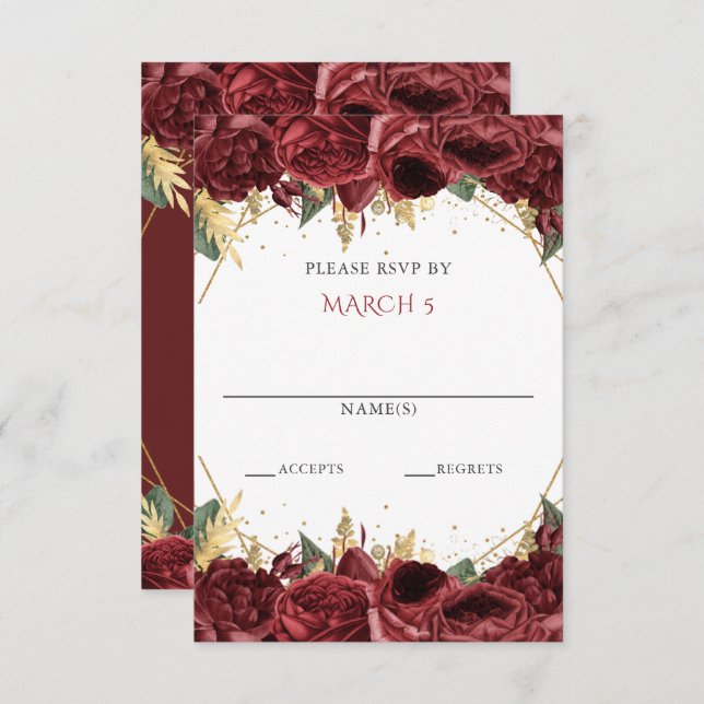 Burgundy Gold Floral Quinceanera  RSVP Card (Front/Back)