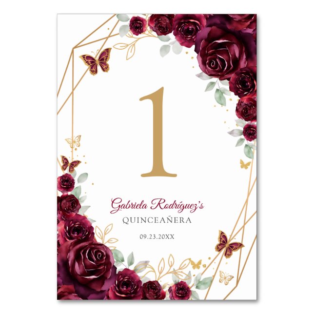 Burgundy Gold Floral Quinceanera Table Number (Front)