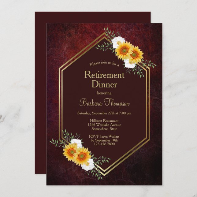 Burgundy Gold Floral Retirement Dinner Party Invitation (Front/Back)