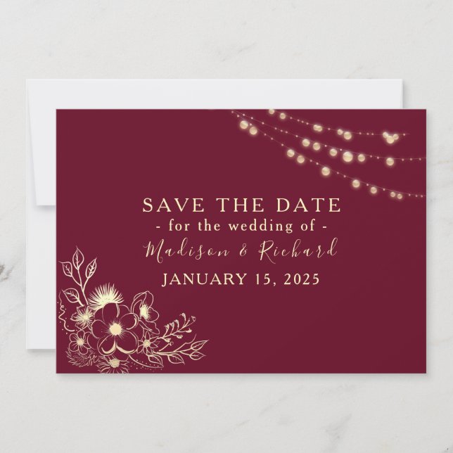 Burgundy Gold Floral Save the Date Card (Front)