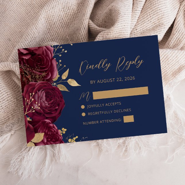 Burgundy Gold Floral Script Navy Blue Wedding RSVP Card (Creator Uploaded)