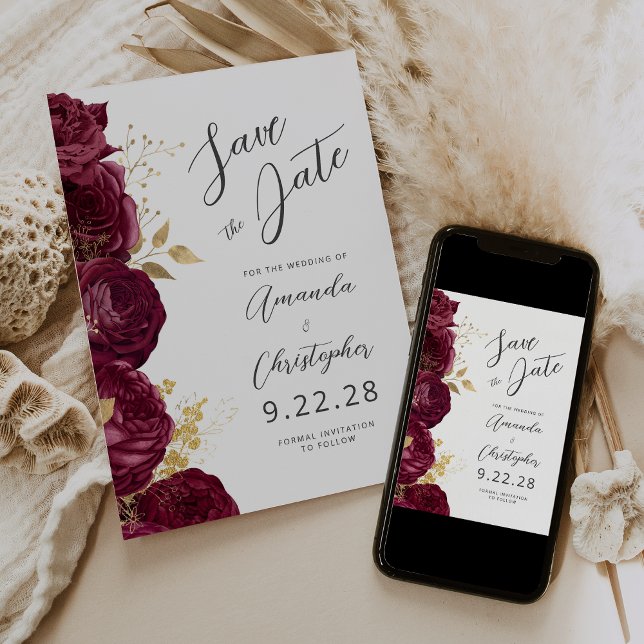 Burgundy Gold Floral Script Save the Date Announcement (Creator Uploaded)