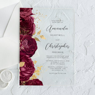 Burgundy Gold Floral Script Wedding Acrylic Invitations