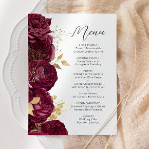 Burgundy Gold Floral Script Wedding Menu