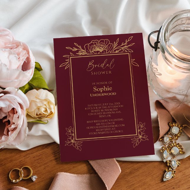 Burgundy Gold Floral Simple Wedding Bridal Shower Invitation (Creator Uploaded)