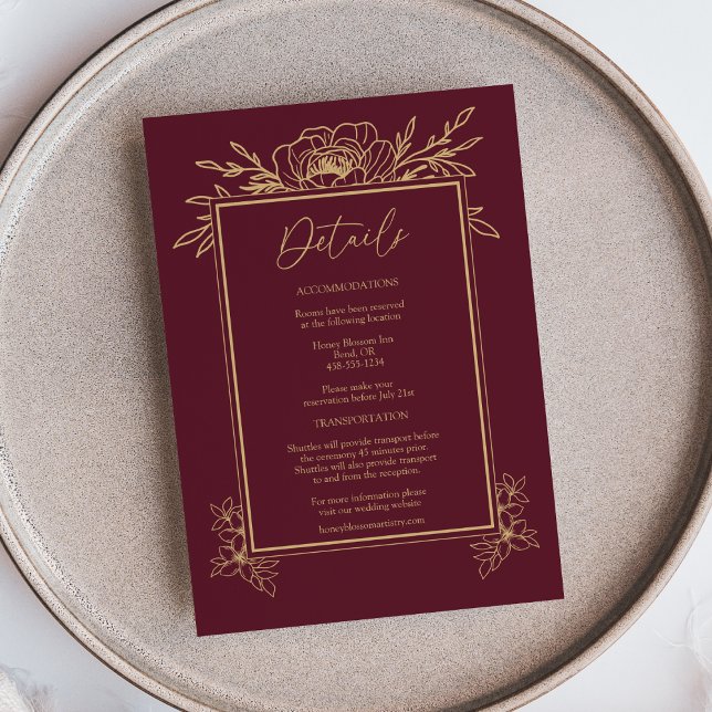 Burgundy Gold Floral Simple Wedding Details Enclosure Card (Creator Uploaded)