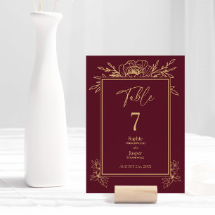 Burgundy Gold Floral Simple Wedding Table Number
