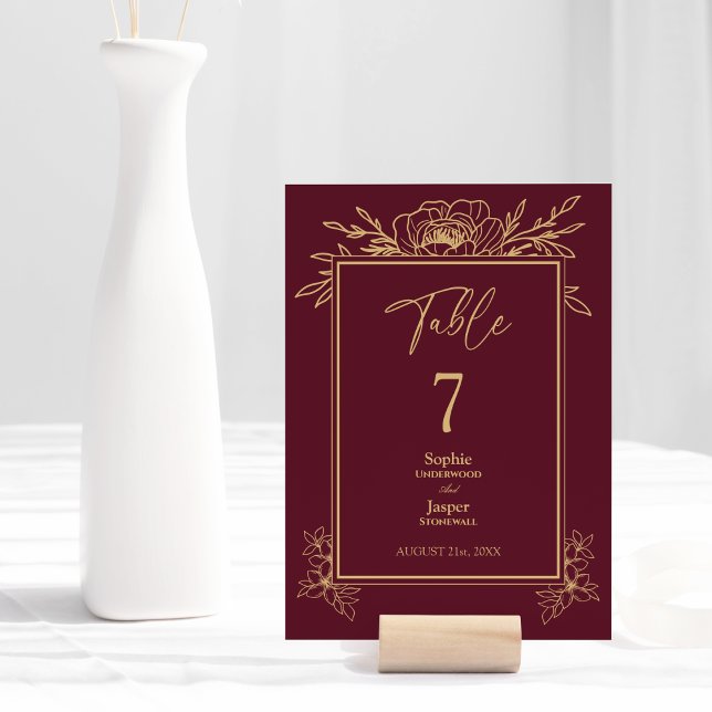 Burgundy Gold Floral Simple Wedding Table Number (Creator Uploaded)