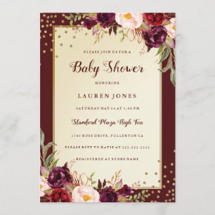 Burgundy Gold Floral Sparkle Baby Shower Invite