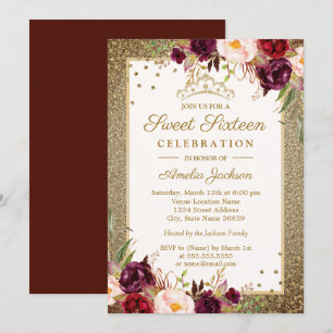 Burgundy Gold floral Sparkle Sweet Sixteen Invitation