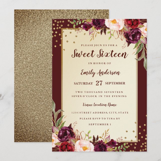 Burgundy Gold Floral Sparkle Sweet Sixteen Invite (Front/Back)