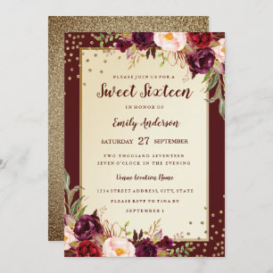 Burgundy Gold Floral Sparkle Sweet Sixteen Invite
