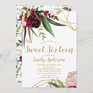 Burgundy Gold Floral Sweet 16 Invitation