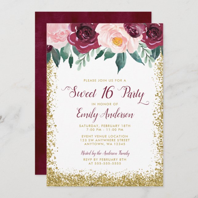 Burgundy Gold Floral Sweet 16 Party Invitation (Front/Back)