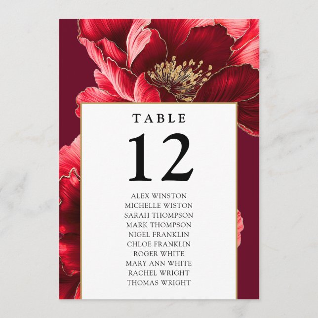 Burgundy Gold Floral Table Number Seating Chart (Front)