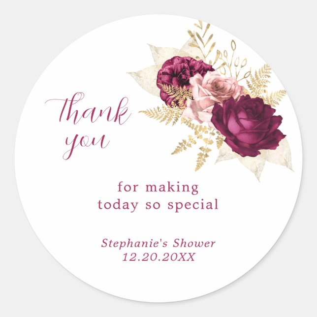 Burgundy Gold Floral Thank You Favour  Classic Round Sticker (Front)
